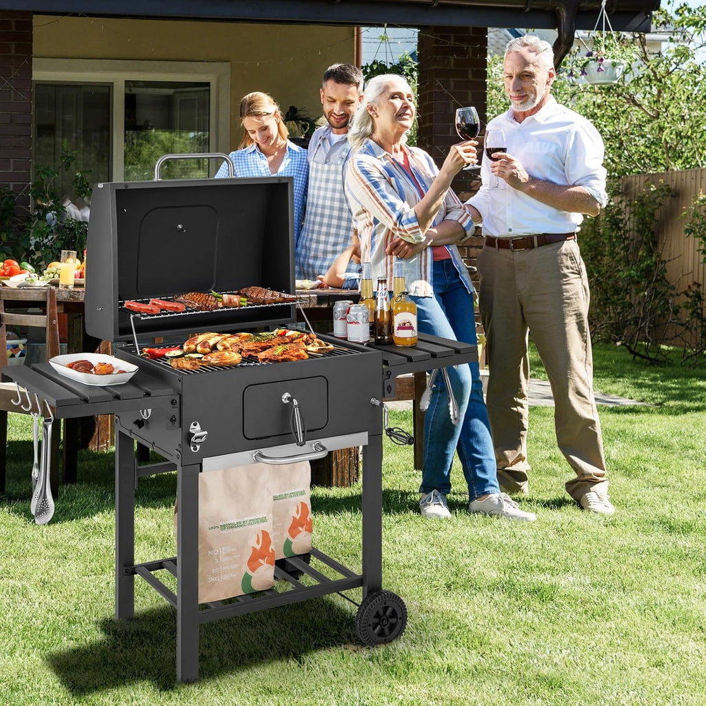 2026 COSTWAY Barbacoa Carbon XXL, Barbacoa Portatil 128 x 54x 117 cm, Tapa, Termómetro, 2 Mesas Laterales Plegables, 8 Ganchos, 2 Ruedas y Abridor de Botellas