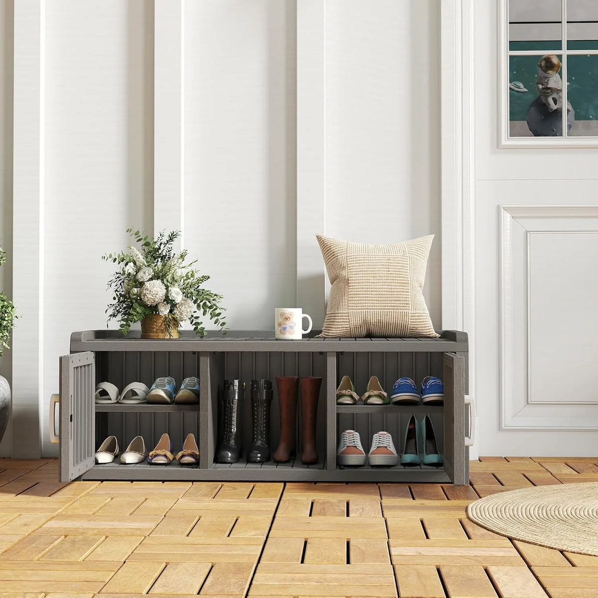 2026 KAMABOKO Outdoor Shoe Storage Cabinet, Waterproof UV-Resistant Entryway Storage Bench Indoor Outdoor with 2 Barn Doors, Adjustable Shelves for Entryway, Bedroom, Hallway,Living Room(Black)