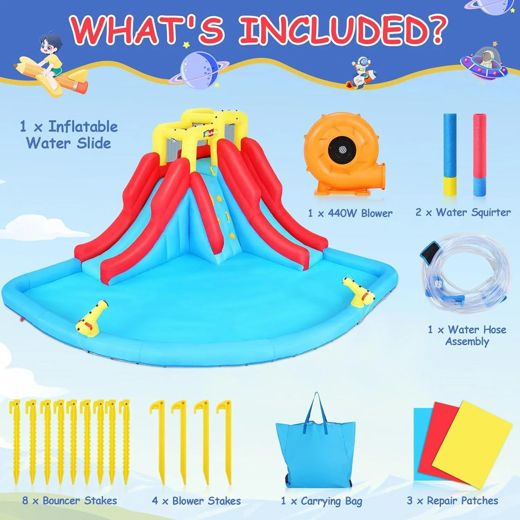 2026 Inflatable Water Slides for Kids 8-in-1 Bounce House Water Park with 450W Blower Climbing Wall, Splash Pool, 2 Water Cannons, Basketball Hoop, Water Slide, Crocodile Sprinkler for Gift Backyard Party