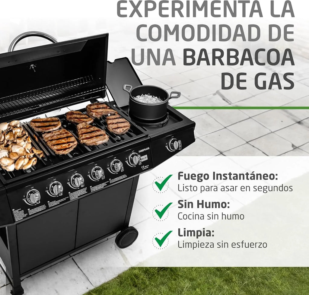 2026 Amig – Barbacoa de gas Fireplus 6+1 de 12,9 kW – Acero inoxidable Negro – Parrilla con ruedas Modelo GRILL – 6F – Barbacoa XXL con carro y termómetro – 138x52x103 cm – 7 quemadores y Bandeja lateral