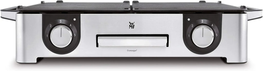 Parrilla eléctrica WMF Lono Master Grill 2026, 50x28 cm, parrilla de mesa eléctrica con paravientos y bandeja recogegrasa, certificada para uso exterior, 2 superficies de cocción ajustables independientemente, 2400 W, acero inoxidable mate.