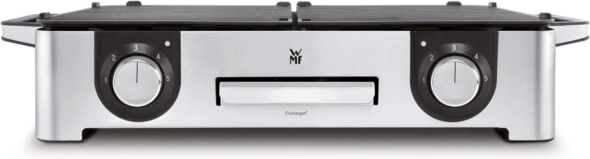 Parrilla eléctrica WMF Lono Master Grill 2026, 50x28 cm, parrilla de mesa eléctrica con paravientos y bandeja recogegrasa, certificada para uso exterior, 2 superficies de cocción ajustables independientemente, 2400 W, acero inoxidable mate.
