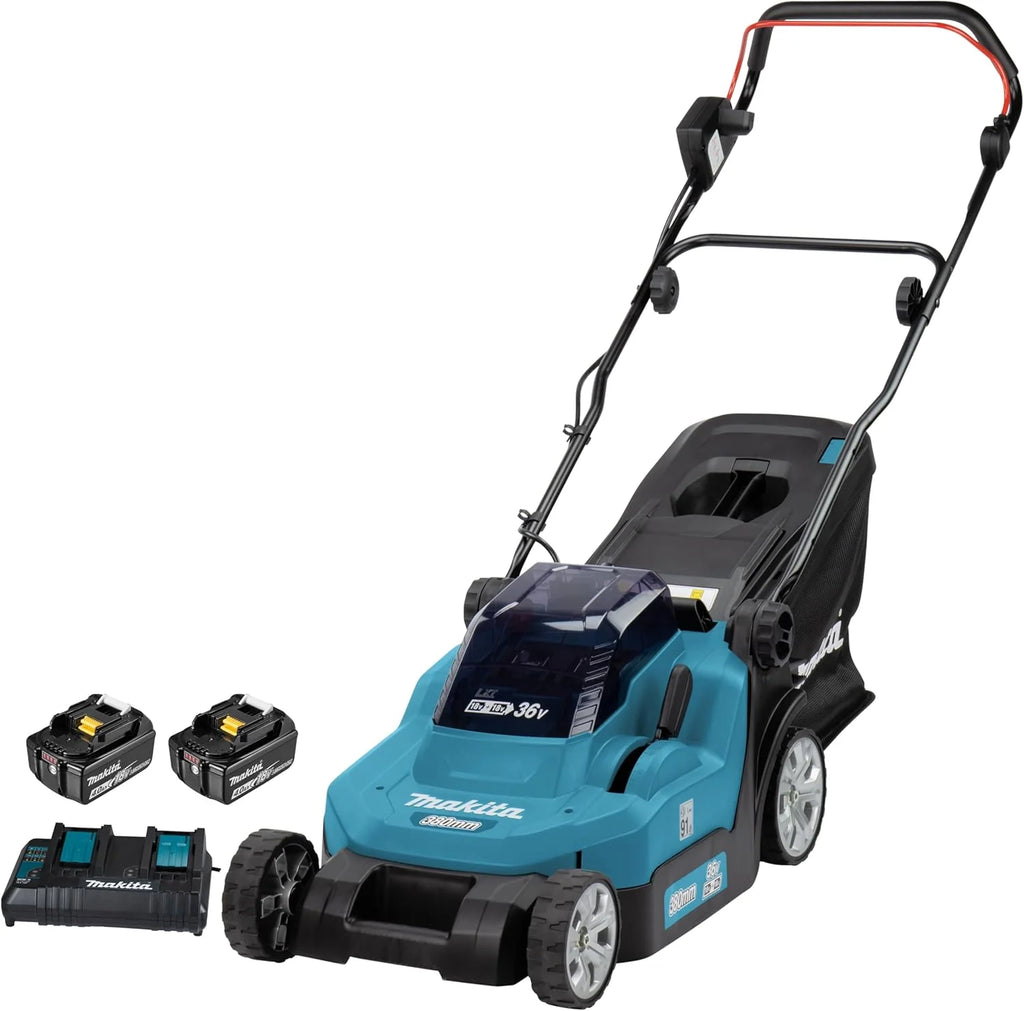 Cortacésped inalámbrico Makita DLM382PM2 2026, 2 baterías de 18 V / 4,0 Ah + cargador doble.