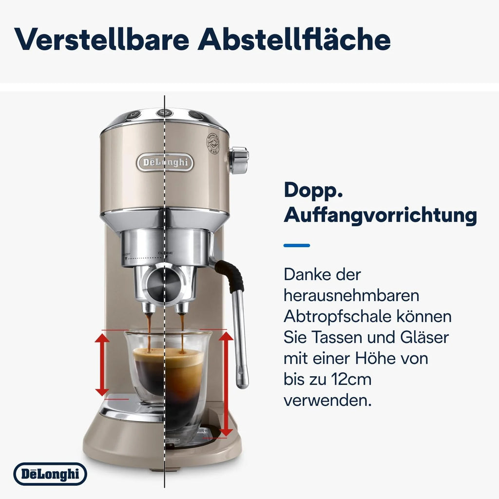 Cafetera espresso De'Longhi Dedica Style EC 685.M de 2026 con portafiltro, espumador de leche profesional, solo 15 cm de ancho, para café molido o cápsulas ESE, depósito de agua de 1 l, color plata.