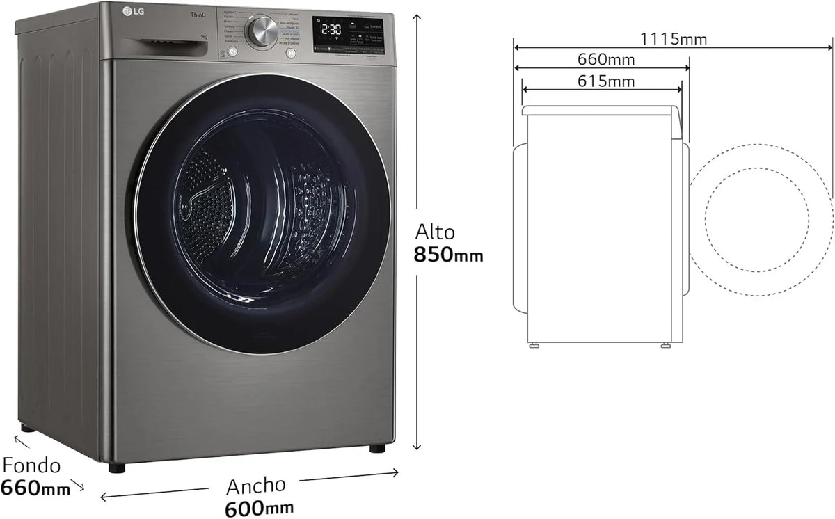 2026 RH90V9PV2N Secadora de Ropa, 9Kg, Bomba de Calor Dual Invert, Carga Frontal, Clasificación C, Sensor de Secado, Serie 900, Inox Antihuellas