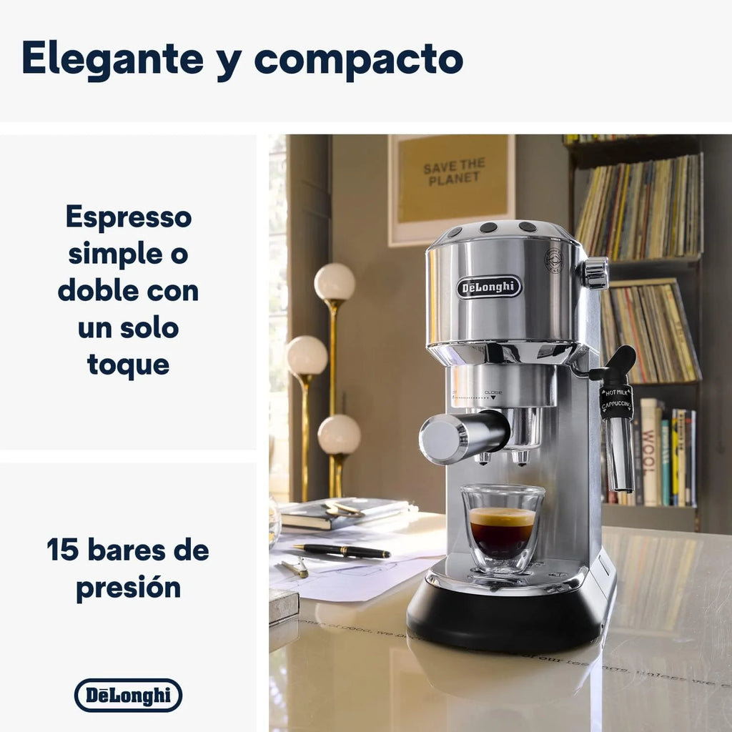 De'Longhi Dedica – Cafetera de Bomba de Acero Inoxidable para Café Molido o Monodosis, Espresso y Capuchino, Depósito de 1.3 Litros, Sistema Antigoteo, Modelo EC685.M, Color Metal 2026