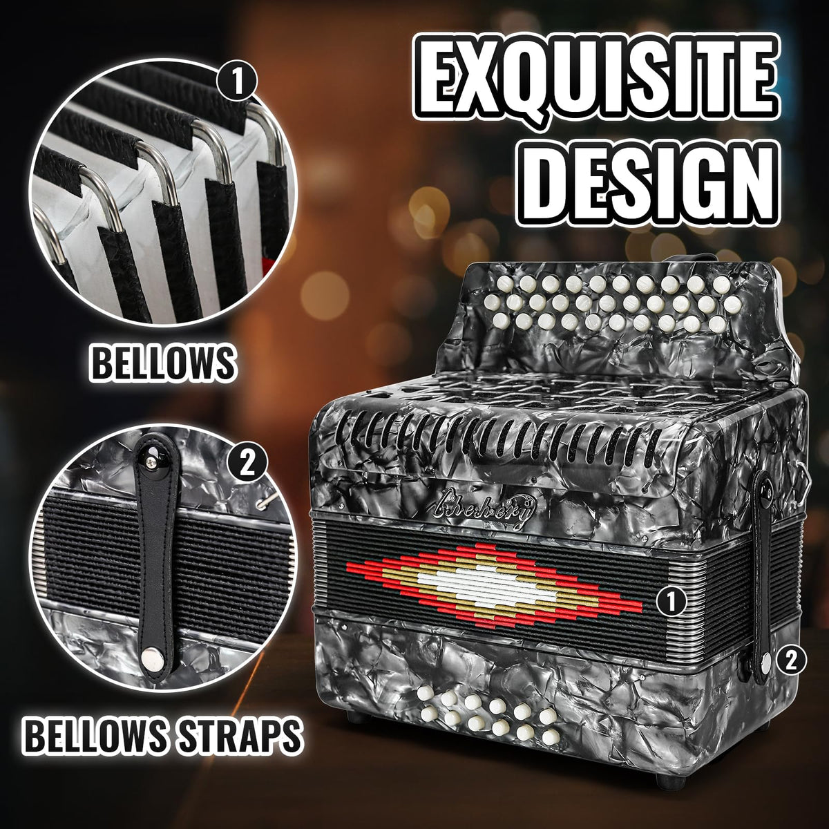 2026 Accordions 31 Key 12 Bass Diatonic G/C/F w Case Strap Gloves Cloth (Gray)