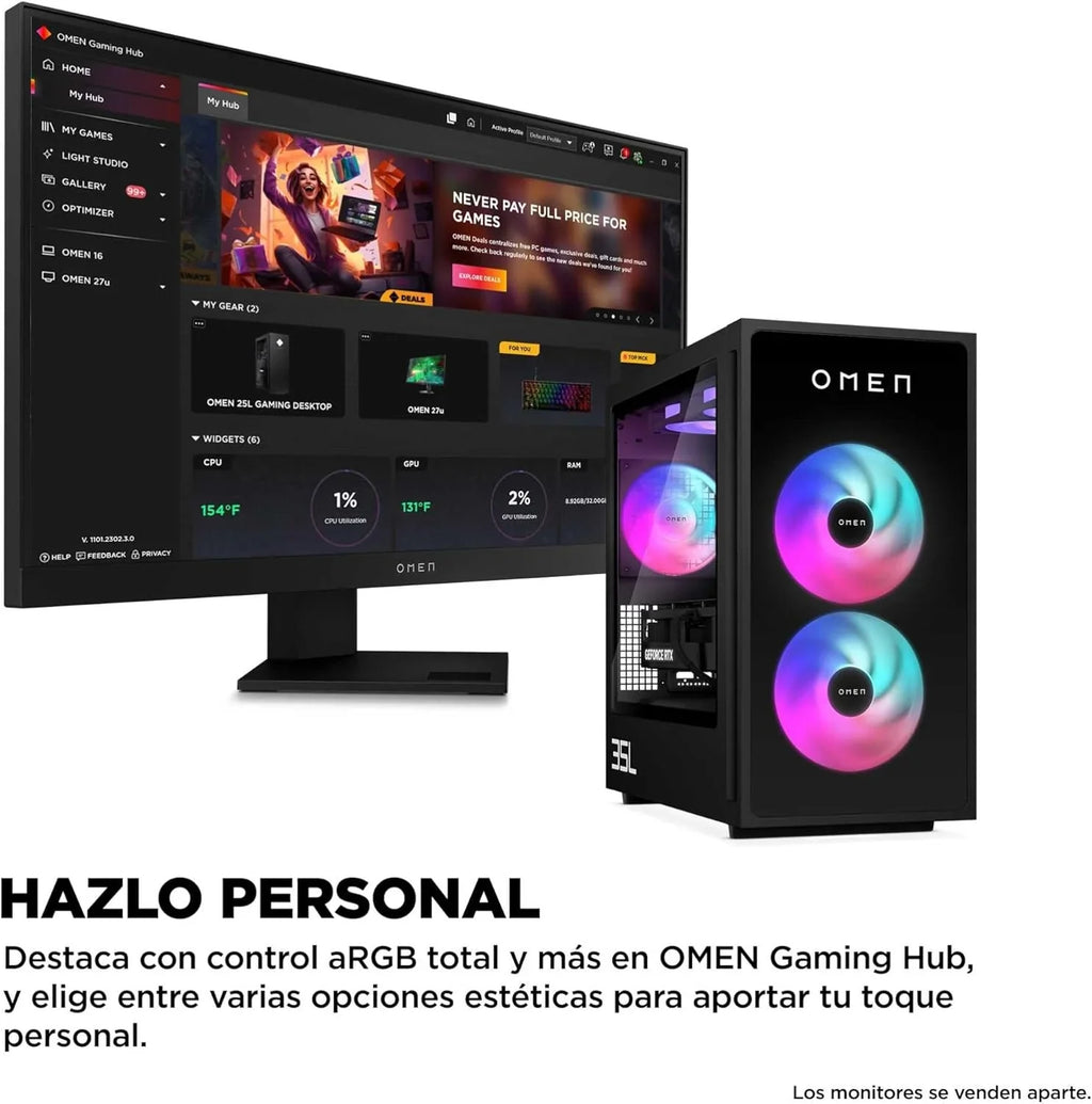 2026 HP Ordenador de sobremesa Gaming OMEN 35L GT16 – 0067ns (Procesador AMD Ryzen 7 8700F, 32GB RAM DDR5, 1TB SSD PCIe Gen4, NVIDIA GeForce RTX 5070 12GB, FreeDOS) – Negro