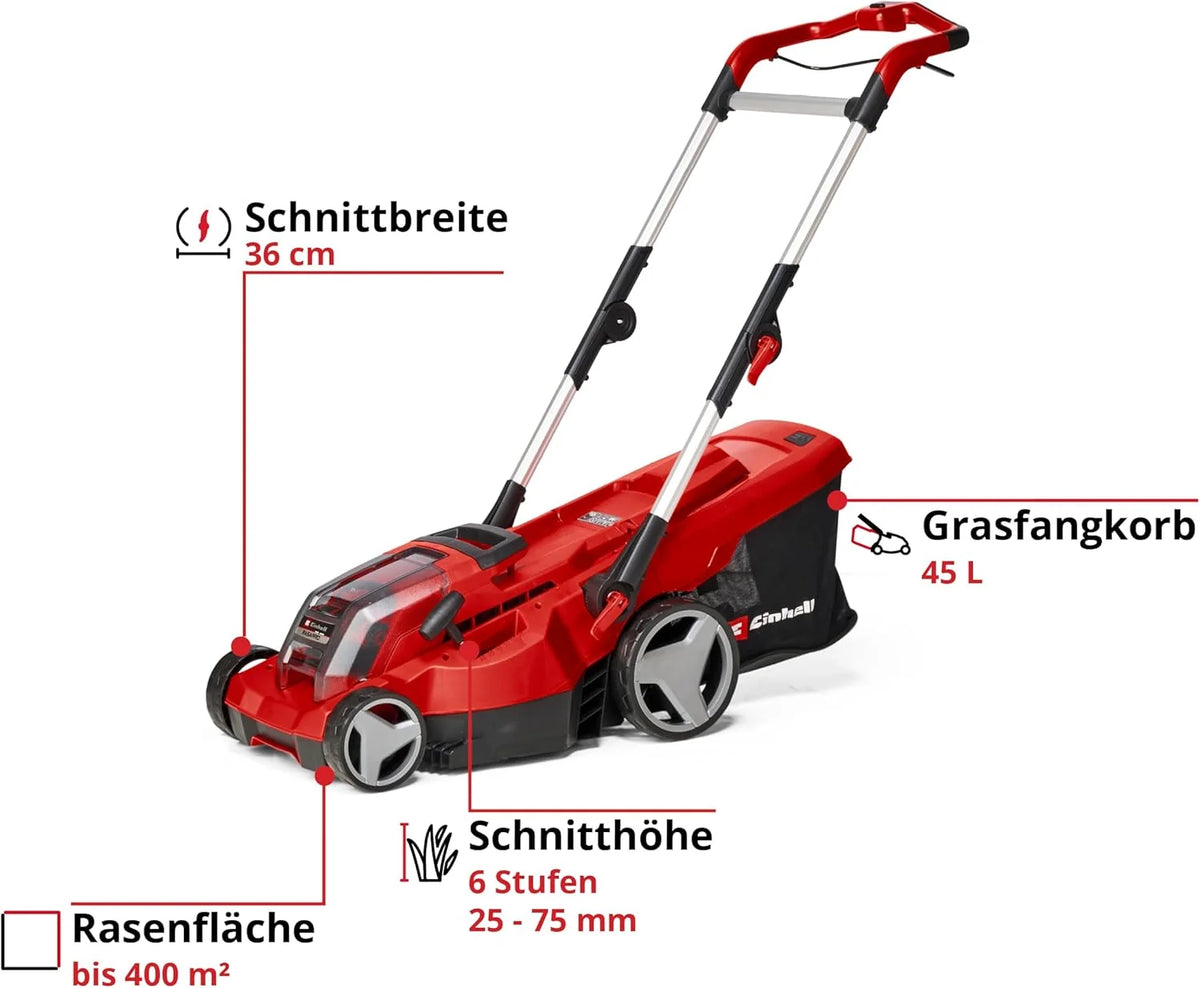 Cortacésped inalámbrico Einhell RASARRO 36/42 Kit Power X – Change 2026 (36 V, ancho de corte de 42 cm, hasta 725 m², sin escobillas, recogedor de césped de 50 L, función de mulching, incluye 2 baterías de 5,2 Ah + 1 cargador doble)