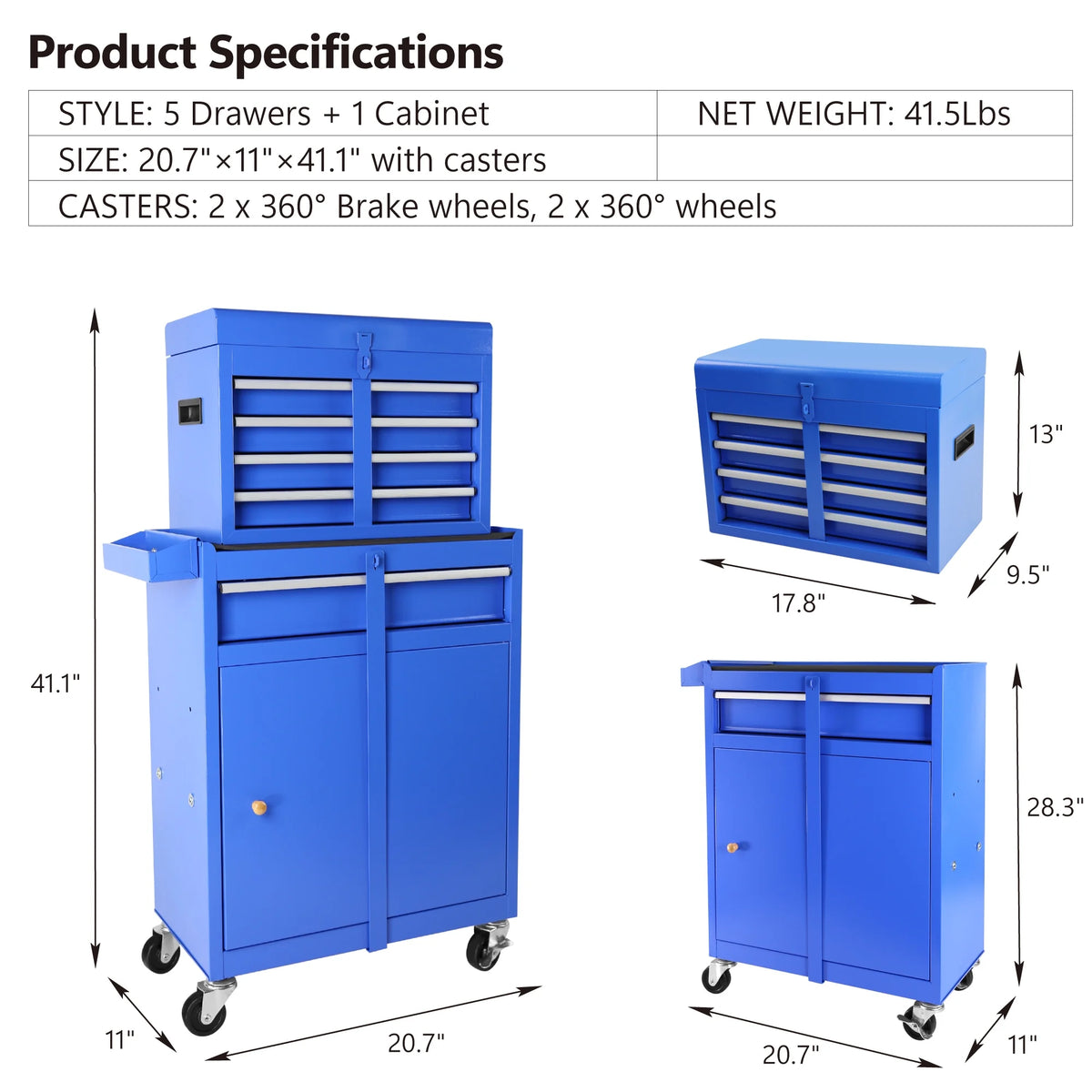 2026 DUOSONG 5-Drawer Rolling Tool Chest, High Capacity Tool Storage Cabinet W/Lockable Wheels, Adjustable Shelf & Anti-Slip Liner, Detachable Tool Box Organizer, Rolling Tool Cabinet Blue Steel Tools &
