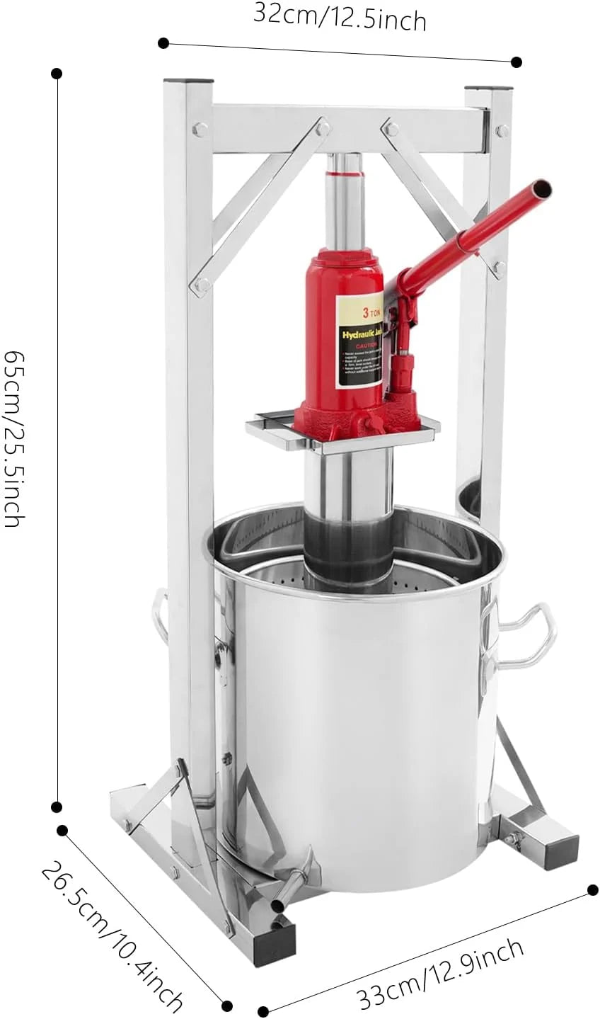 Prensa hidráulica para frutas de 12 litros (modelo 2026), fabricada en acero inoxidable 304 con elevador hidráulico de 3 toneladas, exprimidor manual, cubo con filtro interno, prensa para vino y sidra. Ideal para vino, mosto y zumos de frutas.