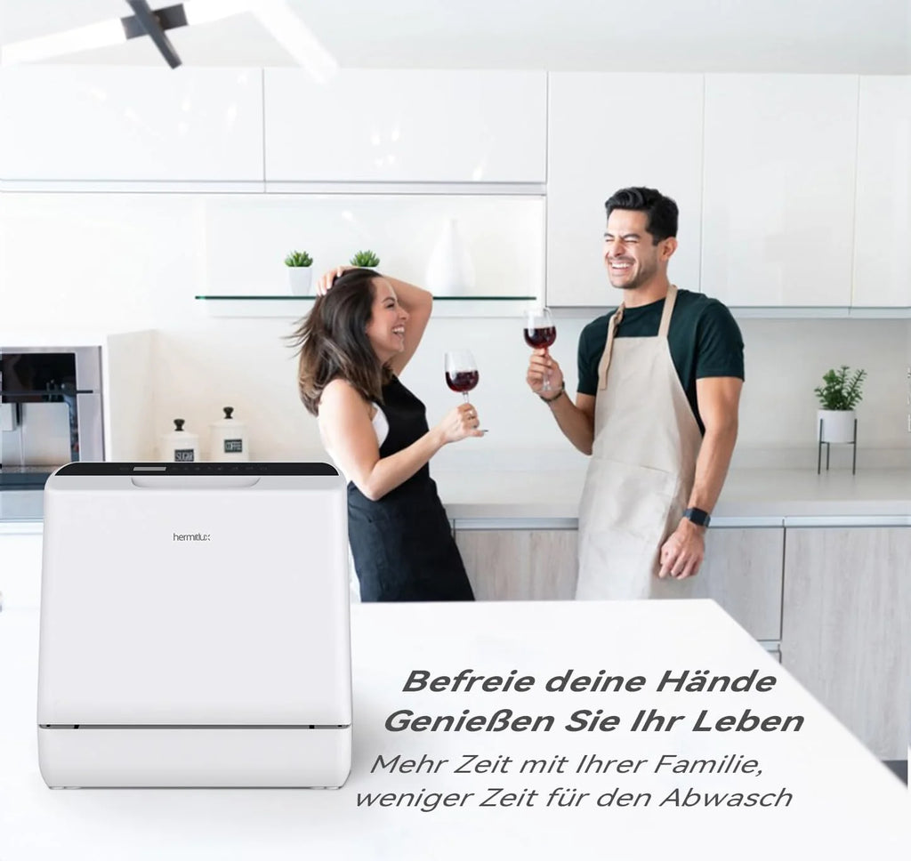 Lavavajillas mini Hermitlux 2026, lavavajillas para 4 juegos de cubiertos, depósito de agua de 5 litros, 6 programas, mini lavavajillas de sobremesa, perfecto para apartamentos, residencias de estudiantes y camping, color blanco.