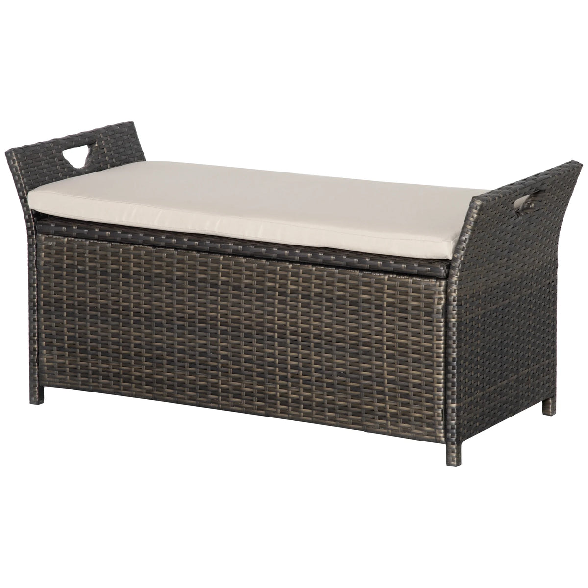 2026 DUOSONG Outsunny 27 Gallon Patio Wicker Storage Bench, Outdoor Pe Rattan Patio Furniture, 2-In-1 Large Capacity Rectangle Garden Storage Box With Handles And Cushion, Cream White Brown+White Steel