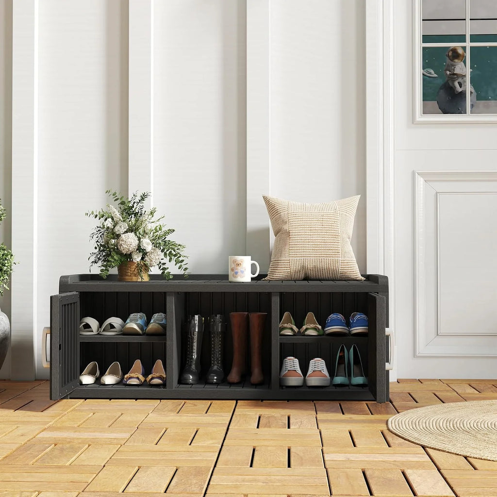 2026 KAMABOKO Outdoor Shoe Storage Cabinet, Waterproof UV-Resistant Entryway Storage Bench Indoor Outdoor with 2 Barn Doors, Adjustable Shelves for Entryway, Bedroom, Hallway,Living Room(Black)