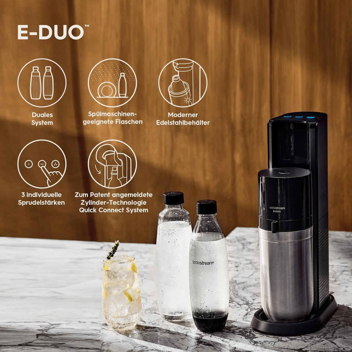 Máquina eléctrica para hacer agua con gas SodaStream E – DUO 2026 con cilindro de CO2 de conexión rápida | Incluye 1 botella de vidrio de 1 L y 2 botellas de plástico FUSE de 1 L (aptas para lavavajillas) | Color: Titanio