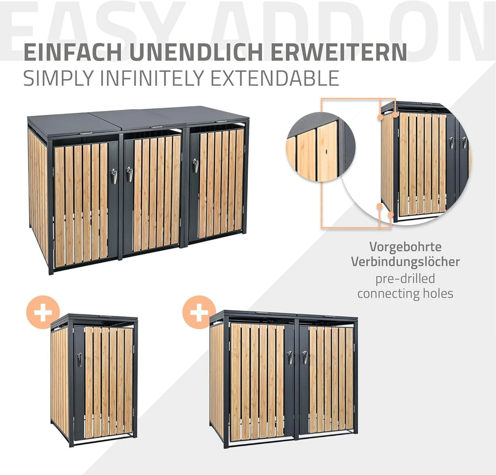 Contenedor de residuos ML – Design 2026 de 3 compartimentos, 240 L, 200 x 80 x 116,3 cm, acabado imitación madera antracita, acero, resistente a la intemperie/con cerradura, caja para contenedores de residuos con tapa abatible/3 puertas, contenedor