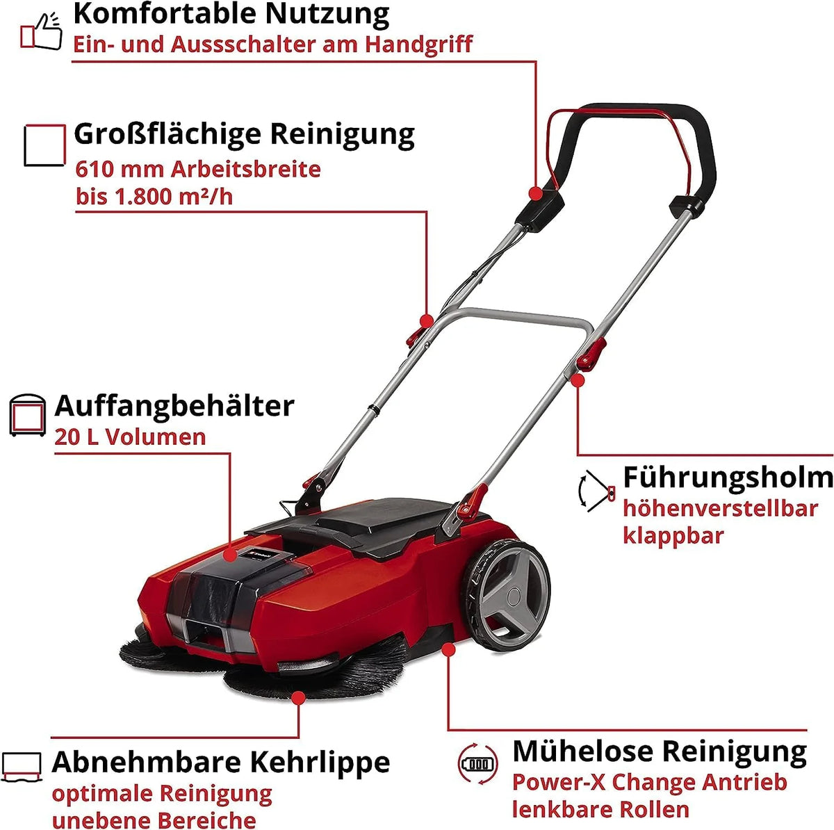 2026 Aspiradora inalámbrica Einhell TE – SW 18/610 Li – Solo Power X – Change (18 V, Li – Ion, depósito de suciedad de 20 L, ancho de trabajo de 61 cm, posición de estacionamiento, manillar ajustable, borde extraíble, interruptor de