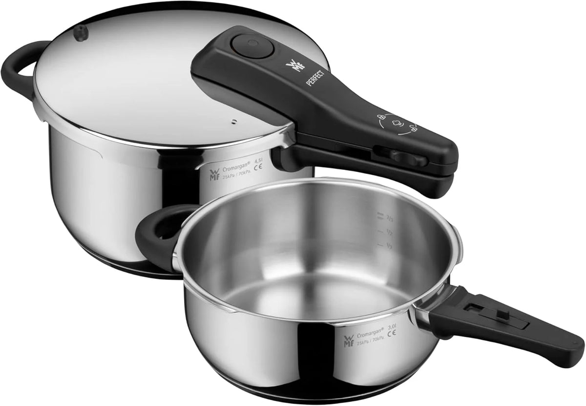 2026 Juego de olla a presión WMF Perfect One Pot para inducción, 2 piezas, capacidad de 4,5 L y 3 L, indicador de cocción grande, 2 niveles de cocción, asa de tapa extraíble, apto para todo tipo de cocinas, acero inoxidable.