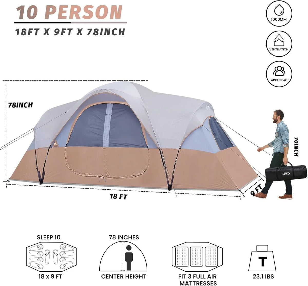 2026 Camping Tent 10-PERSON-FAMILY Tents, Parties, Music Festival Tent, Big, Easy Up, 5 Large Mesh Windows, Double Layer, 2 Room, Waterproof,…