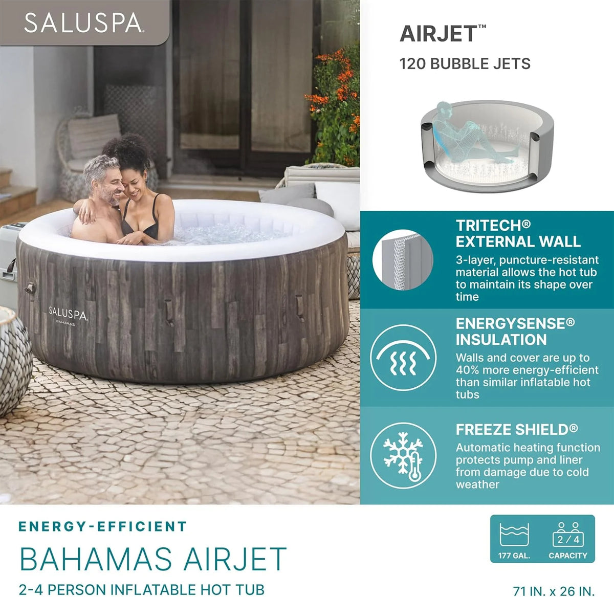 2026 Large Round 2 to 4 Person Inflatable Hot Tub Portable Outdoor Spa with 120 Airjets and Energysense Cover, Grey