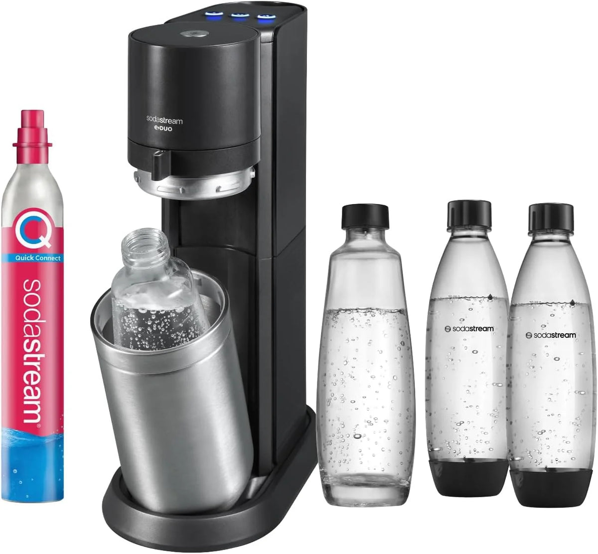 Máquina eléctrica para hacer agua con gas SodaStream E – DUO 2026 con cilindro de CO2 de conexión rápida | Incluye 1 botella de vidrio de 1 L y 2 botellas de plástico FUSE de 1 L (aptas para lavavajillas) | Color: Titanio