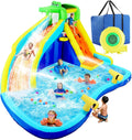 2026 Inflatable Water Slides for Kids 8-in-1 Bounce House Water Park with 450W Blower Climbing Wall, Splash Pool, 2 Water Cannons, Basketball Hoop, Water Slide, Crocodile Sprinkler for Gift Backyard Party