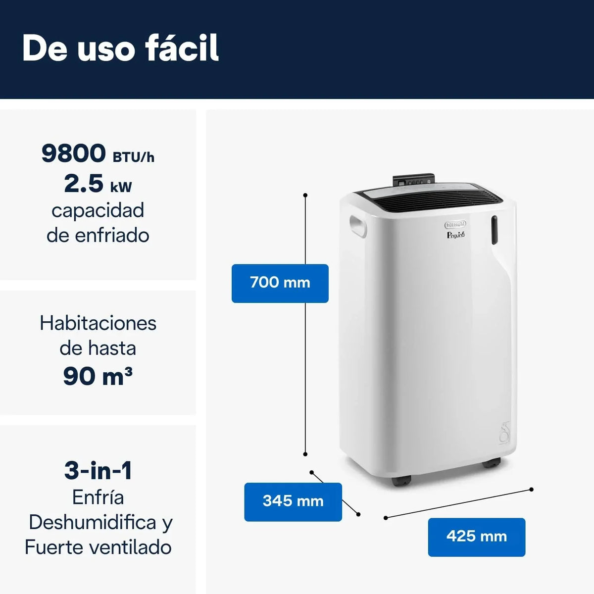 2026 Pinguino PAC EM90K SILENT Aire Acondicionado Portátil 9.800 BTU/h, 2.5 kW, hasta 85m³, Función Deshumidificador y Ventilación