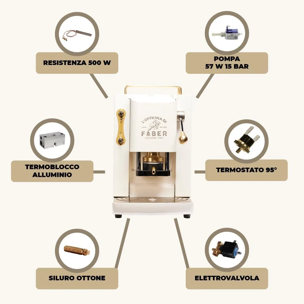 Cafetera Faber PRO Total Deluxe 2026, fabricada en latón, con papel ESE de 44 mm y capacidad de 1,3 litros (blanca).