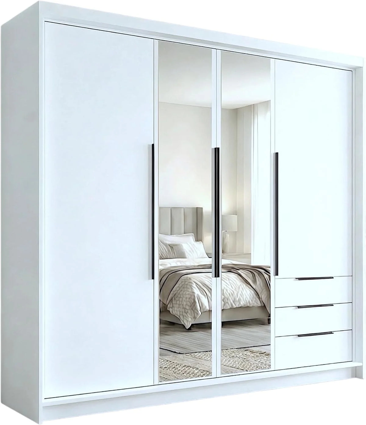 2026 A and J MöbelLand VIVO Armario de 4 puertas con espejo y cajones – 200 x 215 cm – Armario con puertas batientes, barra para colgar ropa y estantes