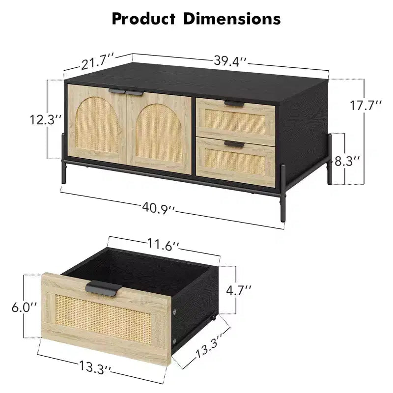 2026 Mesa de centro, 103,9 cm. Mesa de centro moderna con almacenamiento – Mesa auxiliar de ratán para sala de estar con 2 cajones/puertas (estilo rústico/patas de metal).