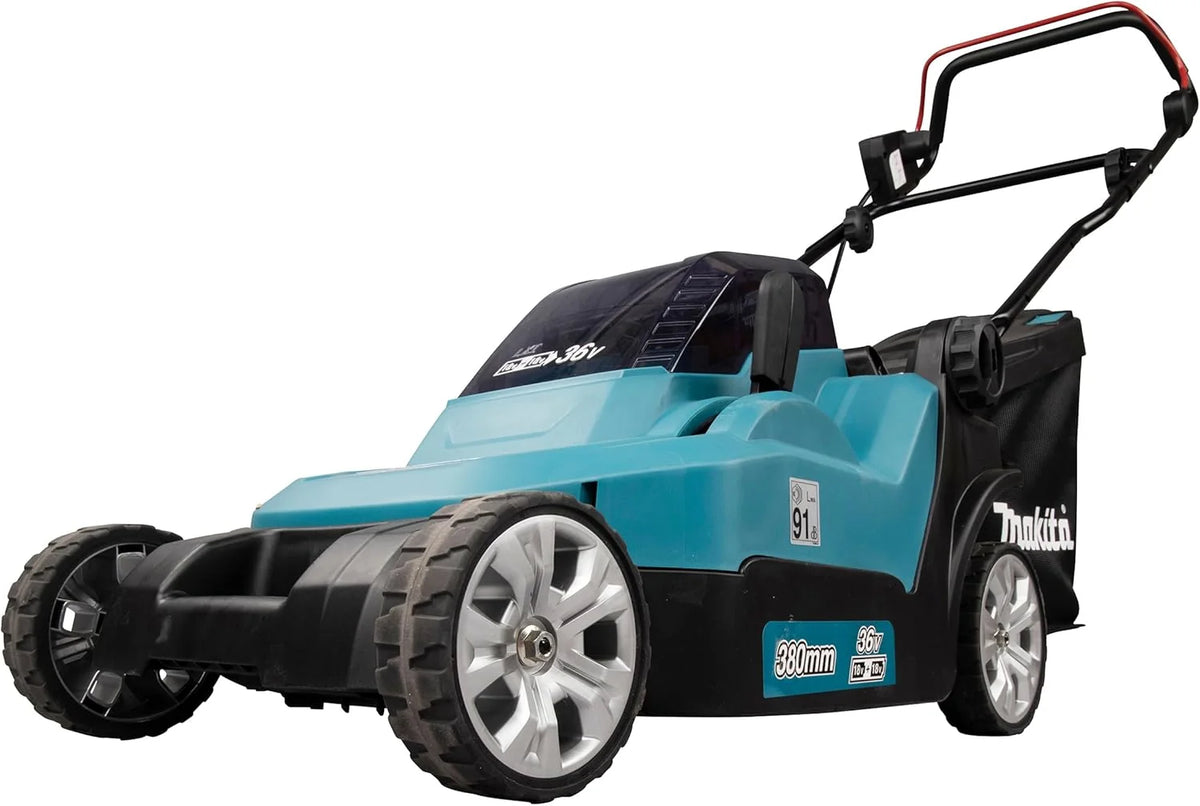 Cortacésped inalámbrico Makita DLM382PM2 2026, 2 baterías de 18 V / 4,0 Ah + cargador doble.