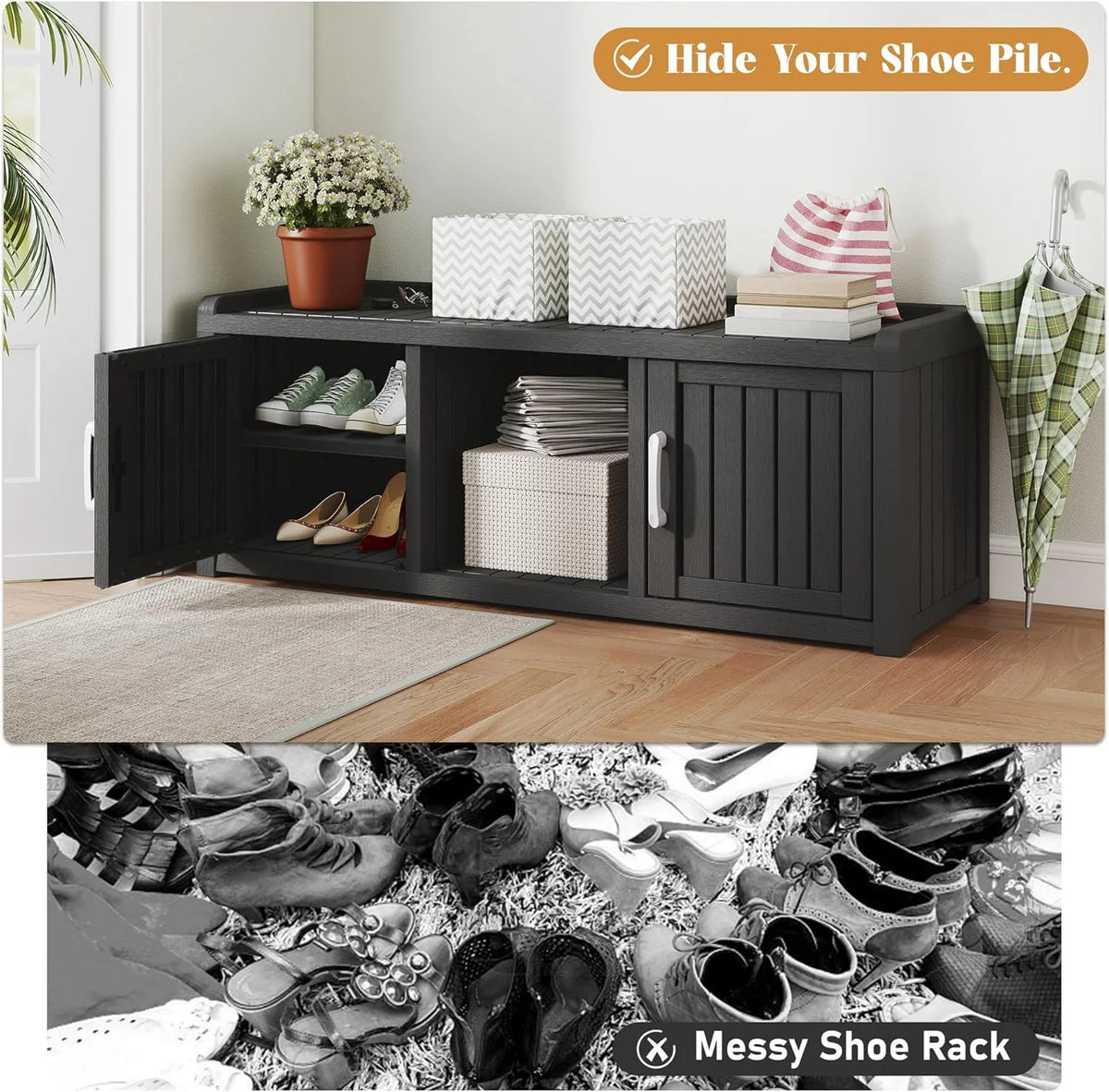 2026 KAMABOKO Outdoor Shoe Storage Cabinet, Waterproof UV-Resistant Entryway Storage Bench Indoor Outdoor with 2 Barn Doors, Adjustable Shelves for Entryway, Bedroom, Hallway,Living Room(Black)