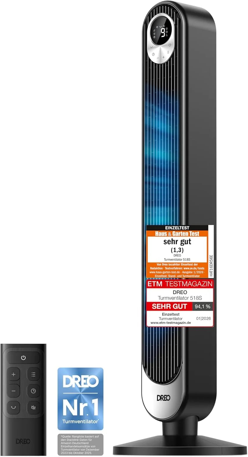 Ventilador de torre DREO 2026 con motor DC, silencioso, alcance de viento de 11 m con control remoto de refrigeración, 9 velocidades, 4 modos, ventilador de pie oscilante de 90° para dormitorio, ventilador de torre con temporizador de 12 horas.