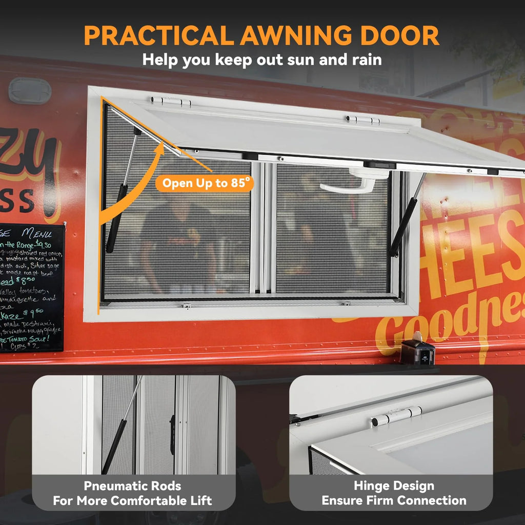 2026 Concession Window 36W X 36H Aluminum Alloy Food Truck Service Window with Sliding Screens & Awning Door, Hydraulic Lift, Locking Mechanism,…