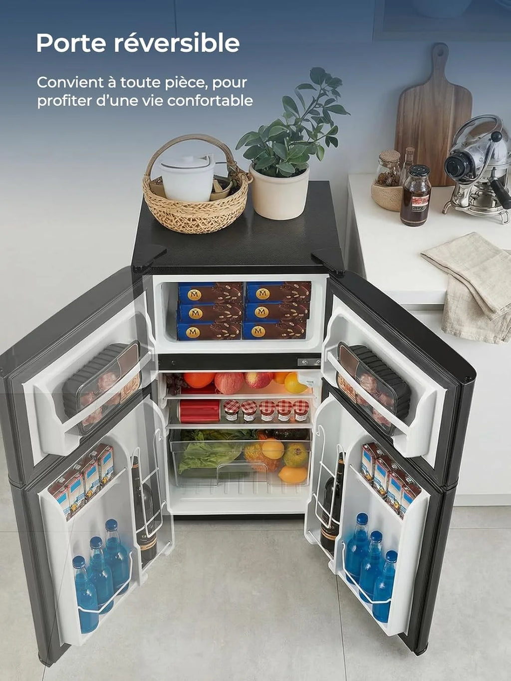 Mini refrigerador FOHERE 2026 con compartimento congelador, pequeño, 90 L, compartimento congelador de 26 L | Refrigerador de 64 L para dormitorios, termostato de 7 etapas, eficiencia energética, 43 dB con 2 puertas intercambiables, para residencias