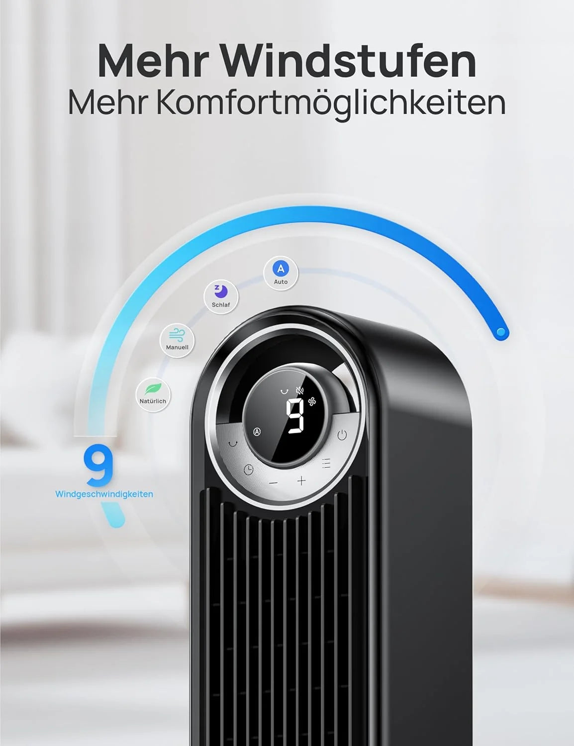 Ventilador de torre inteligente silencioso DREO 2026 de 25 dB, 106 cm de altura, 4 modos, 9 velocidades, máx. 7,9 m/s, temporizador de 12 h, oscilación de 90° con mando a distancia, control por voz, refrigeración, Cruiser Pro T2S, negro.