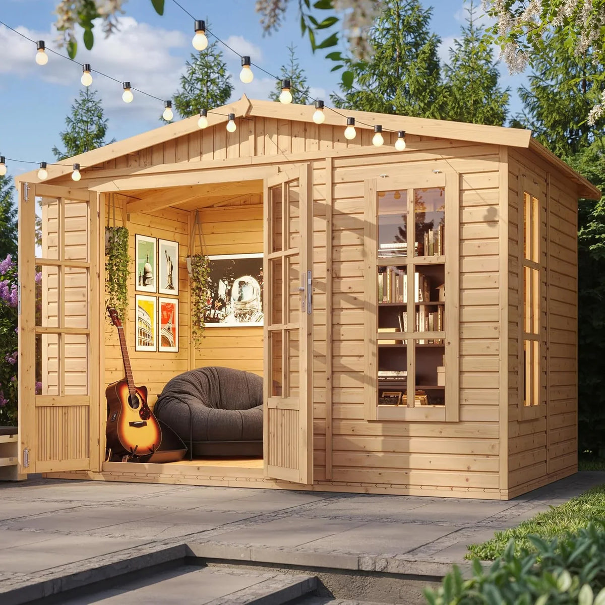 2026 TIMBELA Caseta de jardín de Madera de 6 m2 – Cobertizo Jardin Exterior con Suelo, Ventana, Puerta Doble – Cabaña de jardín para Trabajar en casa – con Tejas bituminosas Verde M334FB+H334FBGREEN