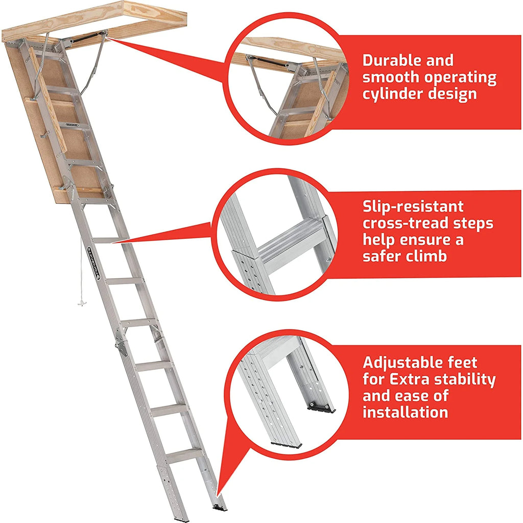 2026 25-1/2 by 54-Inch Elite, 7'8′′-10-Foot Ceiling Height, 375-Pound Capacity, Type IAA, AA2510, Aluminum Ladder, attic, x Rough Opening, Silver