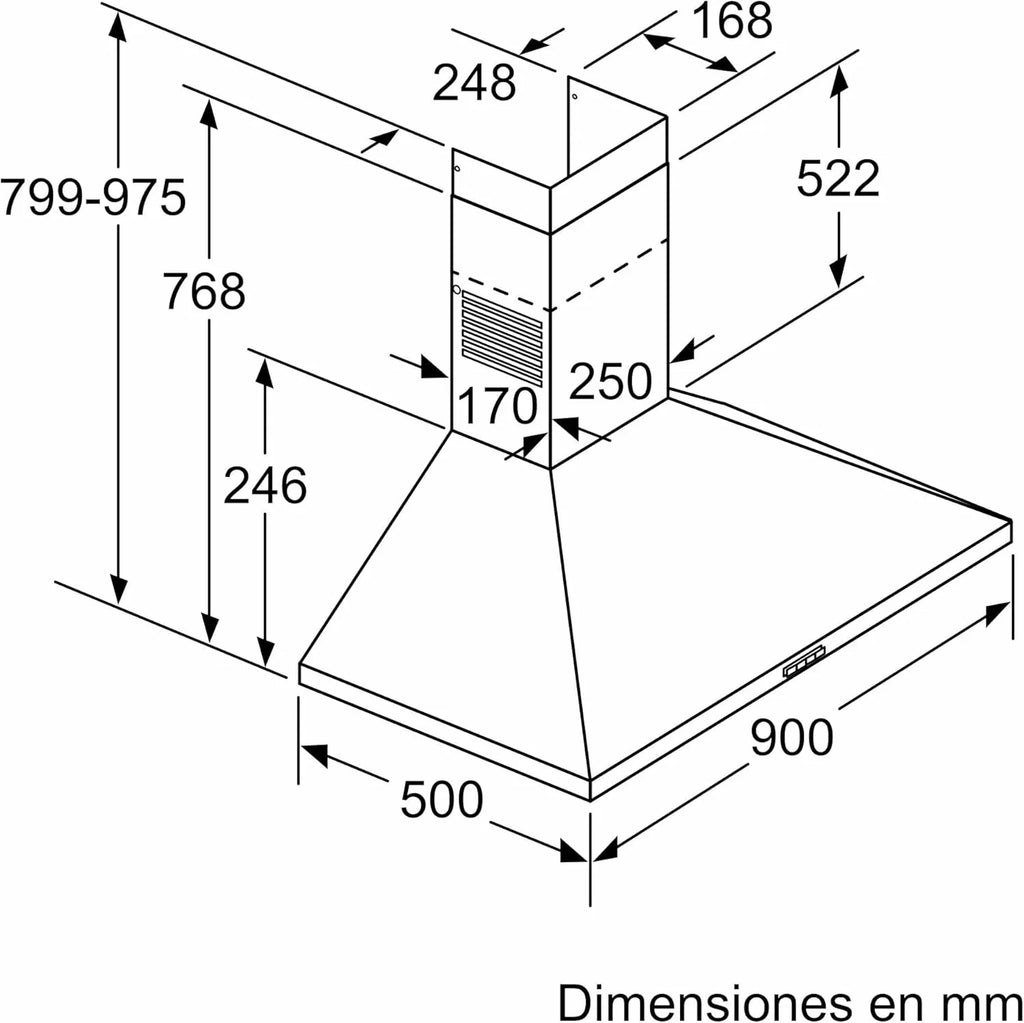 2026 Balay – Campana Exrtactora Decorativa de Pared Piramidal, 90 cm de ancho, 3 potencias de extracción, Instalación en Salida de Humos o Recirculación, Acero Inoxidable, 3BC696MX