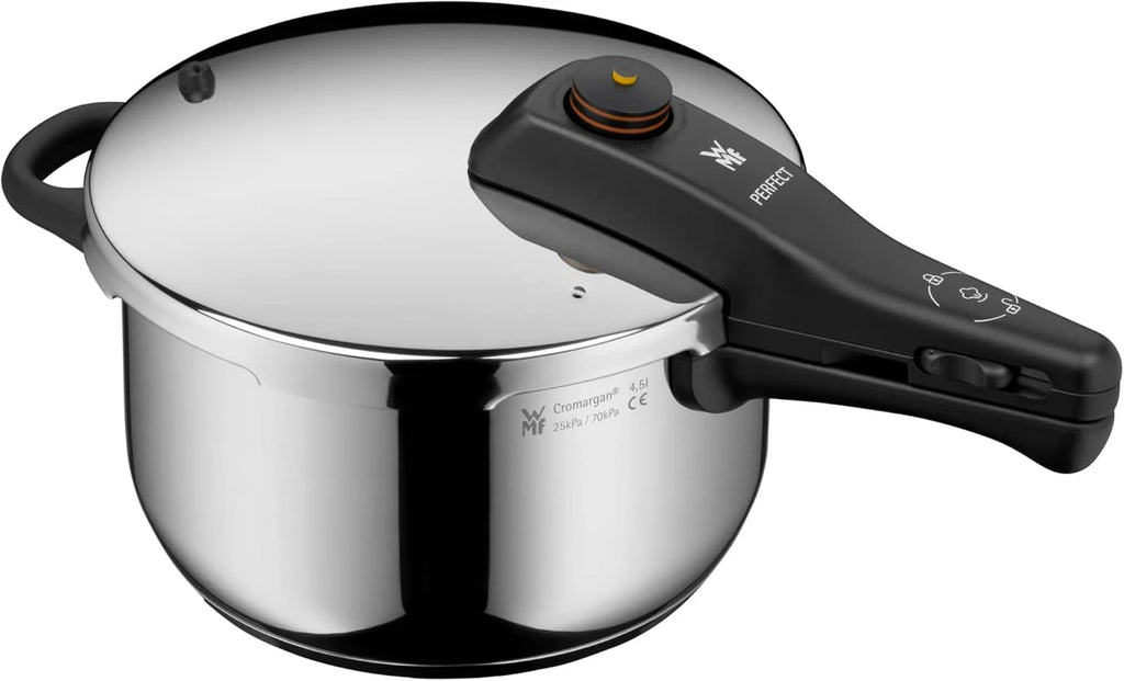 2026 Juego de olla a presión WMF Perfect One Pot para inducción, 2 piezas, capacidad de 4,5 L y 3 L, indicador de cocción grande, 2 niveles de cocción, asa de tapa extraíble, apto para todo tipo de cocinas, acero inoxidable.