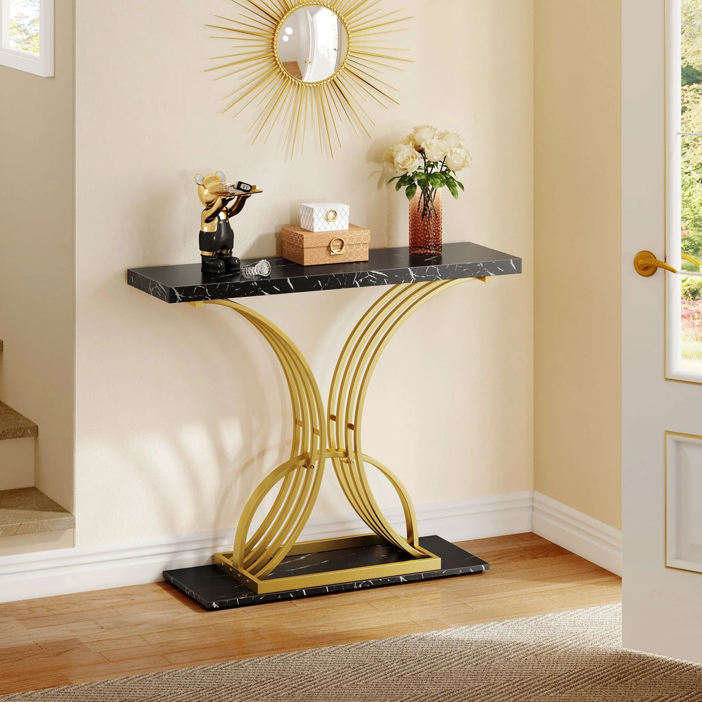 2026 Modern Gold Console Table with Marbled Top, Sofa Table for Entryway and Hallway