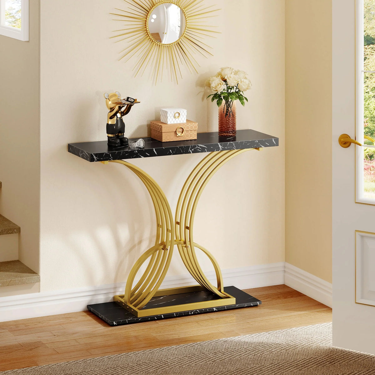 2026 Modern Gold Console Table with Marbled Top, Sofa Table for Entryway and Hallway