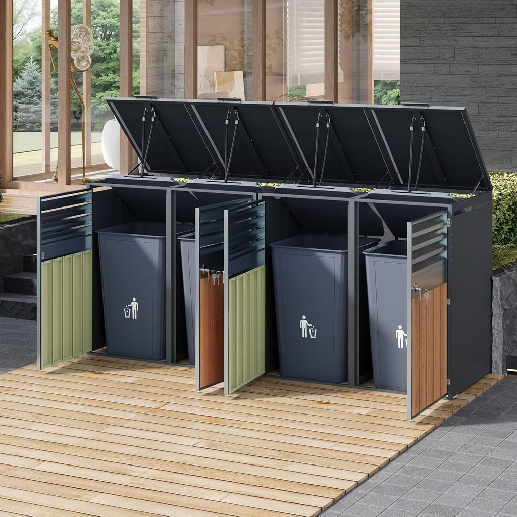 Unidad de almacenamiento de residuos de 4 compartimentos (modelo 2026) para 4 contenedores de hasta 240 L con tapa abatible, abertura de ventilación con rejillas, con cerradura, dos puertas, compartimento para contenedor de residuos de jardín, 4