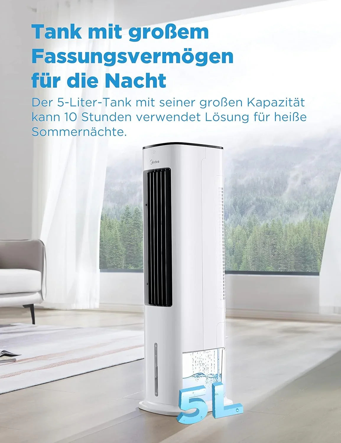 Enfriador de aire Midea 2026 con refrigeración por agua, aire acondicionado portátil, ventilador con 5 litros de refrigeración por agua, humidificador e ionizador, aire acondicionado sin tubo de escape, 355 m³/h, ventilador con control remoto, 55 W