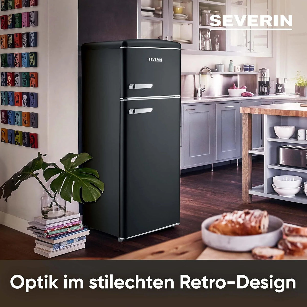 SEVERIN Retro 2026 – Combinación de frigorífico y congelador, una maravilla que ahorra espacio, 4 estantes regulables en altura y un amplio cajón para verduras, capacidad neta de 206 L, color crema, RKG 8933