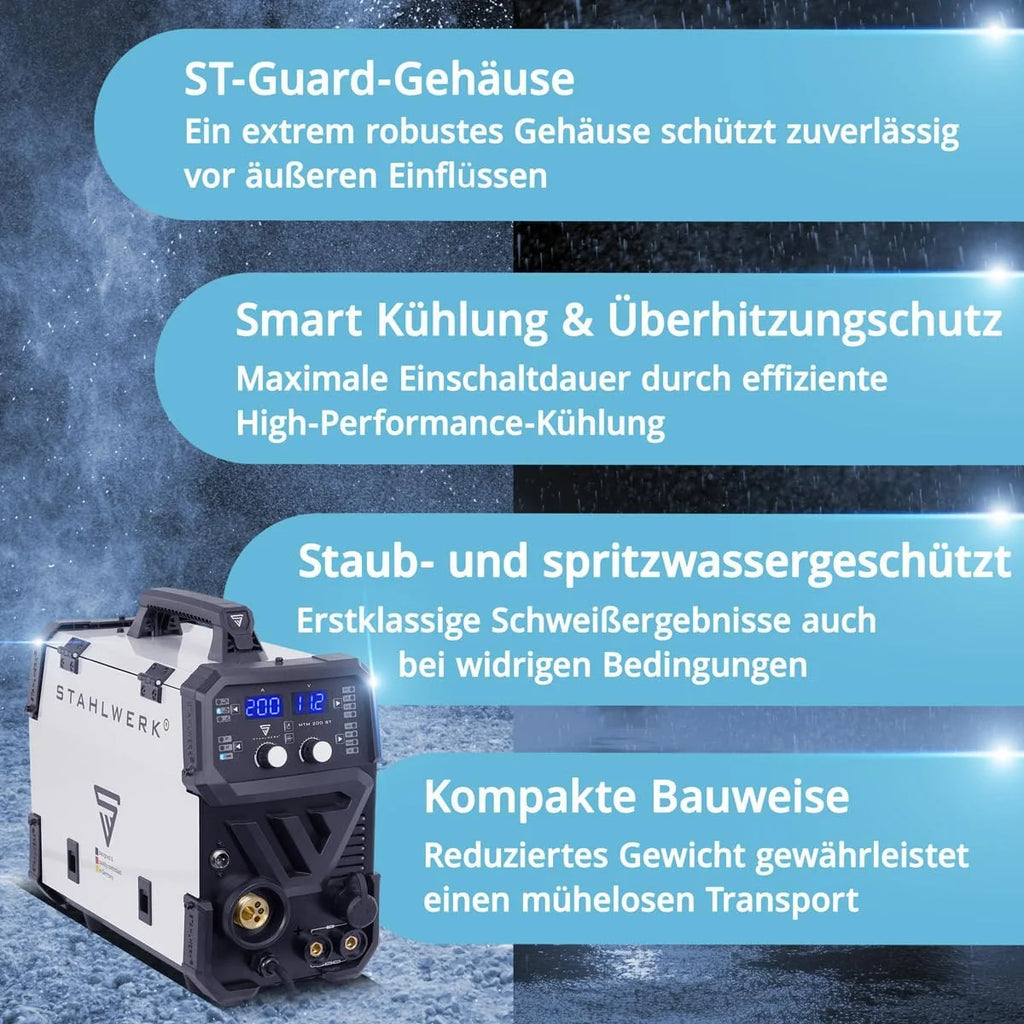 Máquina de soldadura por arco metálico con gas combinada STAHLWERK 3 en 1 MTM – 200 ST 2026 – Equipo completo – TIG, MIG/MAG, MMA/Stick hasta 200 A, alimentación de alambre sinérgica, accionamiento de 4 rodillos, adecuada para alambre tubular, acero