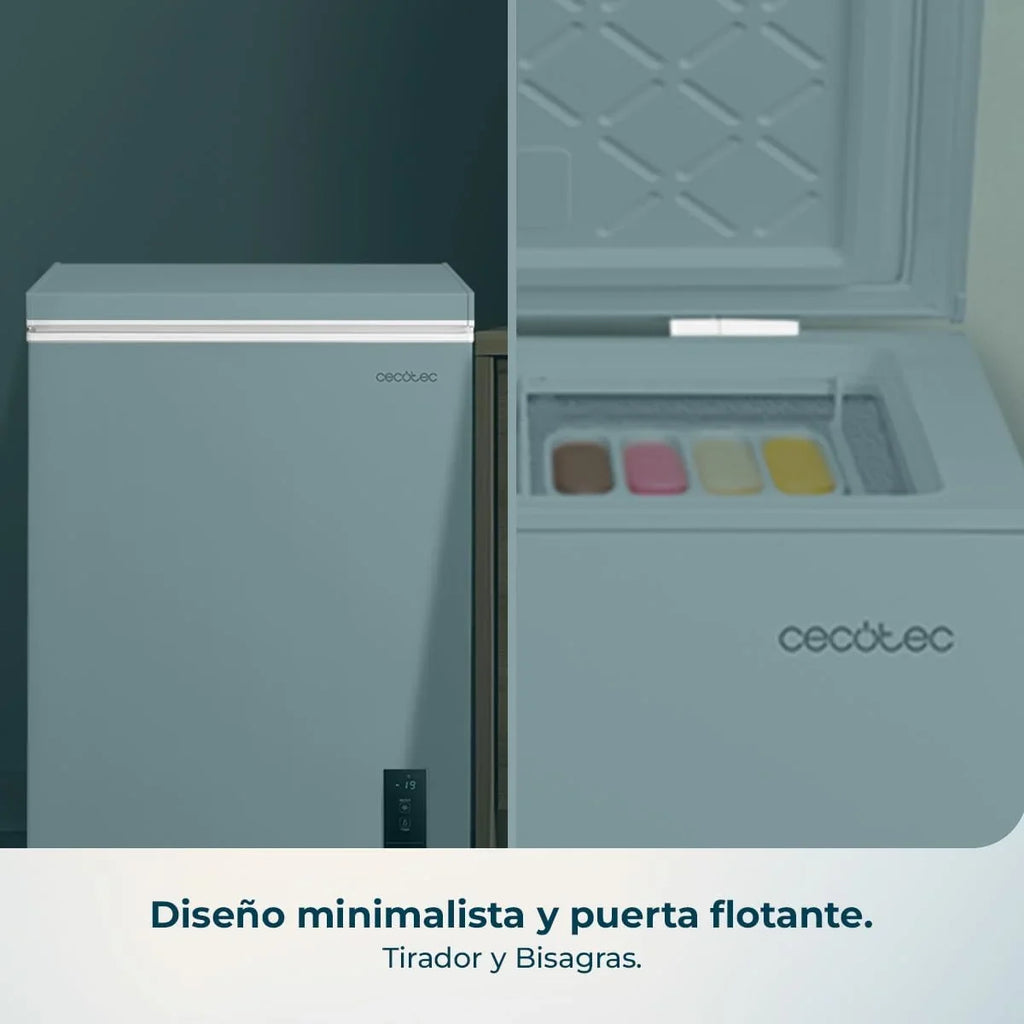 Congelador horizontal Cecotec Bolero CoolMarket 143L blanco, modelo 2026. Cesta con asas, control electrónico LED, UltraContact D – Cool, doble función, puerta ZeroG (80º – 30º), congelación rápida, compacto.