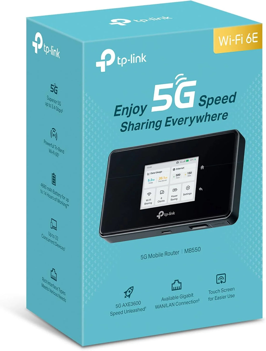 Router WiFi móvil TP – Link M8550 5G LTE 2026: hasta 3,4 Gbps, Wi – Fi 6E de triple banda, ranura para tarjeta Nano – SIM, WAN/LAN Gigabit, batería de 4680 mAh, pantalla táctil, Wireguard, hasta 32 dispositivos.