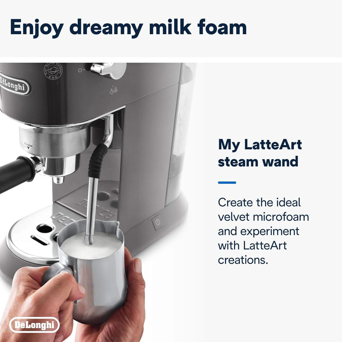 Cafetera espresso De'Longhi Dedica Style EC 685.M de 2026 con portafiltro, espumador de leche profesional, solo 15 cm de ancho, para café molido o cápsulas ESE, depósito de agua de 1 l, color plata.