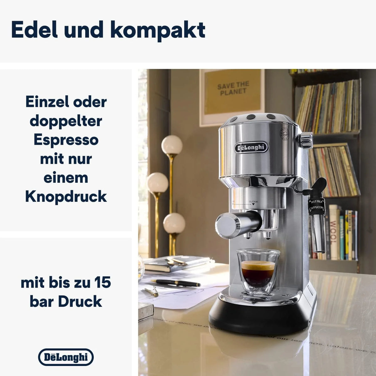 Cafetera espresso De'Longhi Dedica Style EC 685.M de 2026 con portafiltro, espumador de leche profesional, solo 15 cm de ancho, para café molido o cápsulas ESE, depósito de agua de 1 l, color plata.